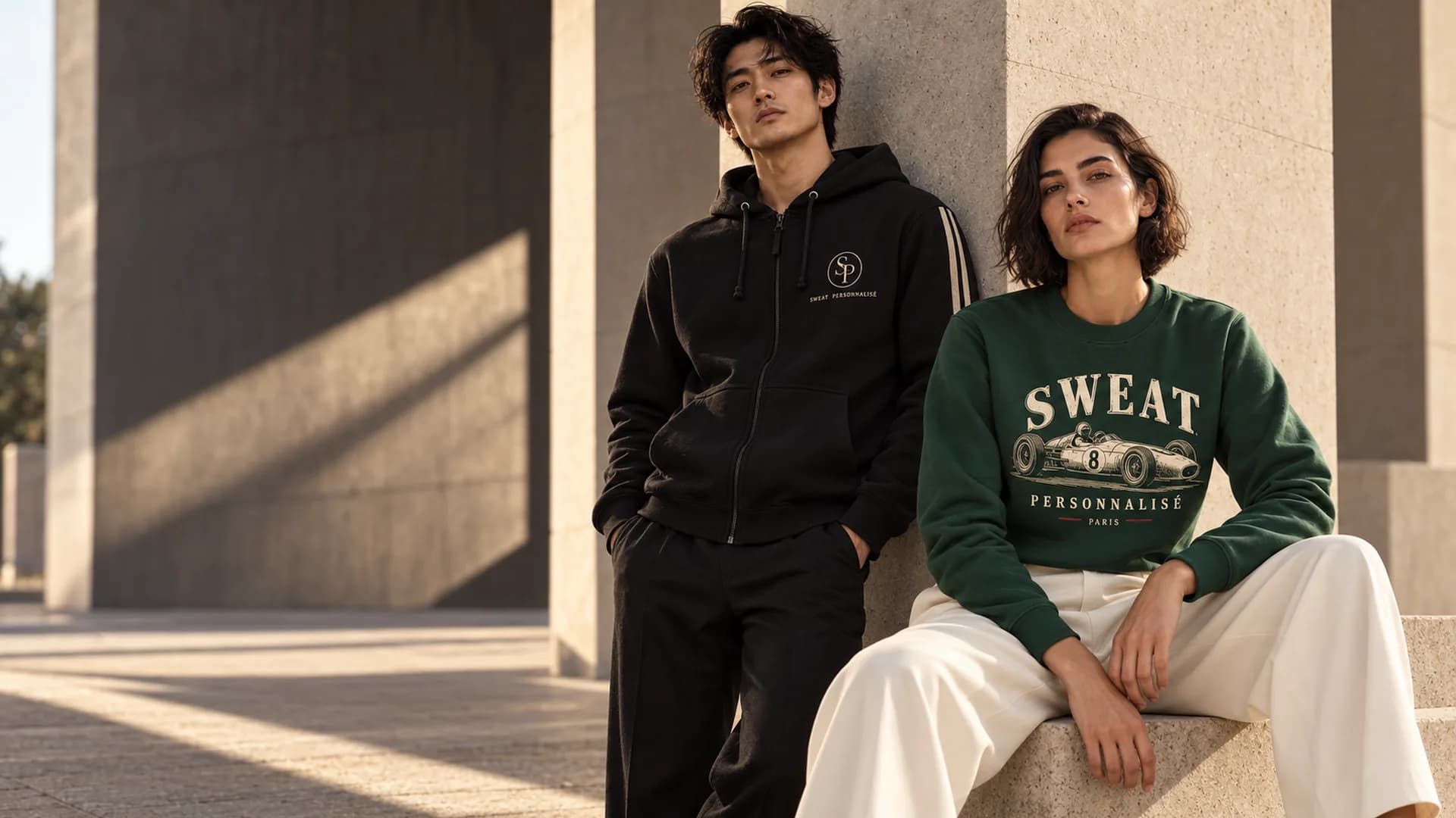 Hoodie zippé noir avec un logo côté cœur et sweat vert imprimé « Sweat Personnalisé Paris », portés en extérieur