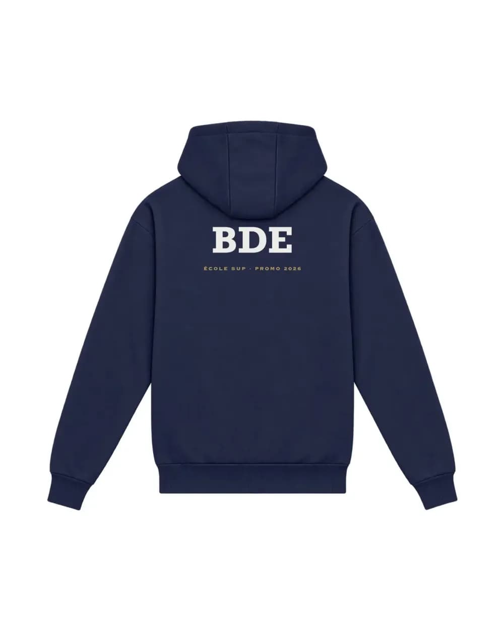Hoodie bleu marine, lettrage BDE et promo imprimés au dos