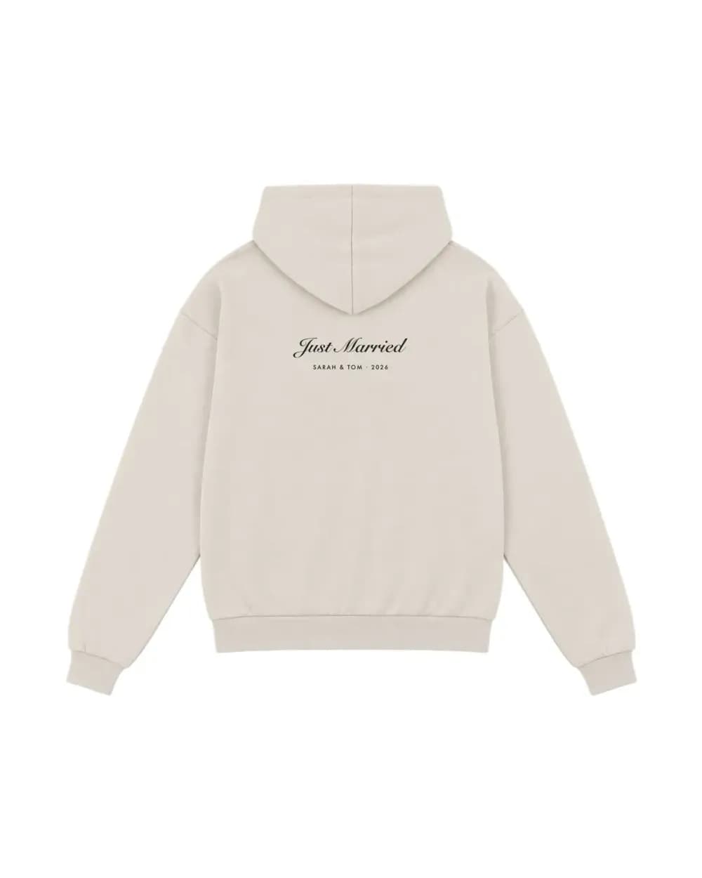 Hoodie de mariage blanc cassé, Just Married et prénoms des mariés imprimés au dos