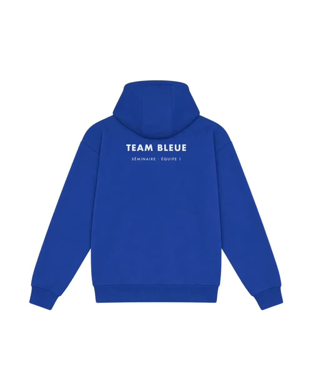 Hoodie bleu roi, nom d’équipe de séminaire imprimé au dos